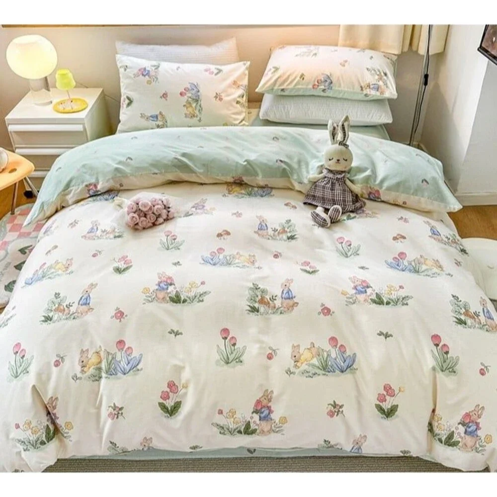 Twin Duvet Cover Set 2pcs Cotton 1 Comforter Cover 1 Pillowcase Cartoon Bunny